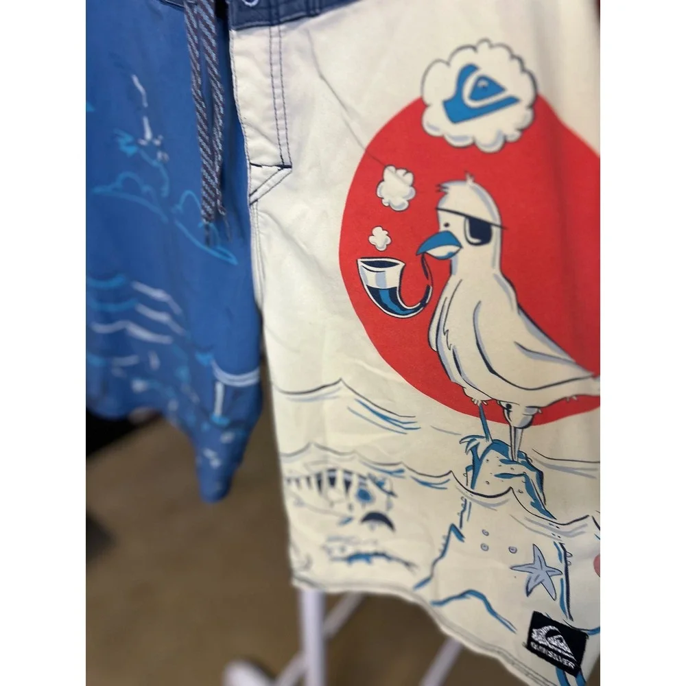 Quiksilver Board Shorts Men 30 Blue Cream Nautical Graphic Surf Trunks